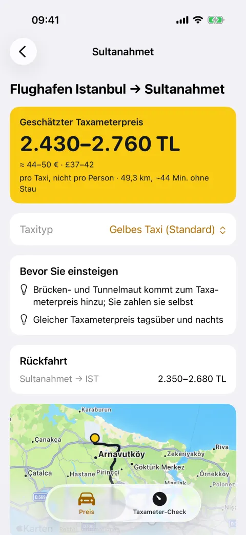 Taxipreis vom Flughafen Istanbul nach Sultanahmet