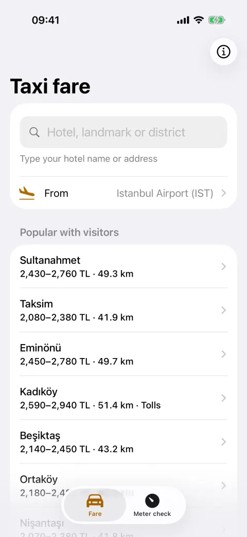 Fares to popular places