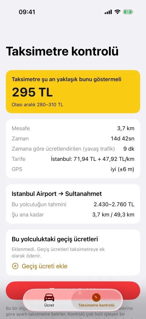 Yolculuk sırasında taksimetre kontrolü